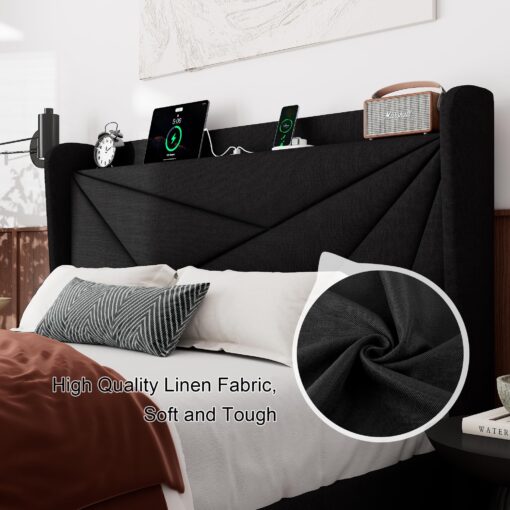 Feonase Full Size Bed Frame with Charging Station, Upholstered Platform Bed Frame with Wingback Storage Headboard, Solid Wood Slats Support, No Box Spring Needed, Black - Image 4
