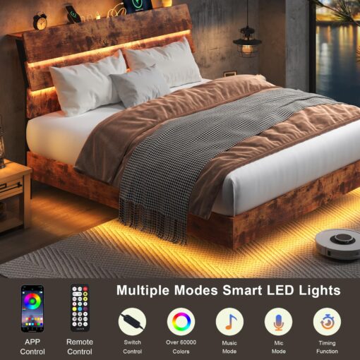 Feonase Floating Bed Frame Full with Led Lights and Charging Station, Wood Full Size Bed Frame with Storage Headboard, Heavy Duty Metal Slats, No Box Spring Needed, Easy Assembly, Vintage Brown - Image 7