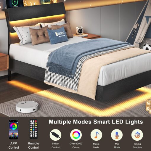 Feonase Twin Floating Bed Frame with Led Lights and Charging Station, Wood Twin Size Bed Frame with Storage Headboard, Heavy Duty Metal Slats, No Box Spring Needed, Easy Assembly, Black - Image 7
