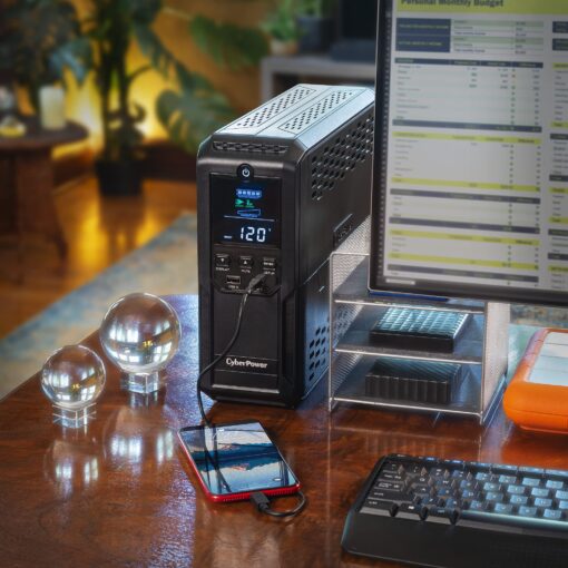 CyberPower CP1350AVRLCD3 Intelligent LCD UPS System, 1350VA/815W, 12 Outlets, 2 USB Ports, AVR, Mini Tower, Black - Image 2