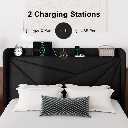 Feonase Full Size Bed Frame with Charging Station, Upholstered Platform Bed Frame with Wingback Storage Headboard, Solid Wood Slats Support, No Box Spring Needed, Black - Image 6