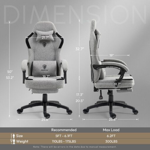 Dowinx Fabric Gaming Chair with Pocket Spring Cushion,Breathable Computer Chair with Massage Lumbar Support and Footrest,High Back Game Office Chair for Adult,Grey - Image 3