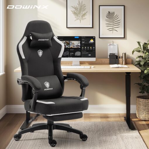 Dowinx Fabric Gaming Chair with Pocket Spring Cushion,Breathable Computer Chair with Massage Lumbar Support and Footrest,High Back Game Office Chair for Adult,Black - Image 3