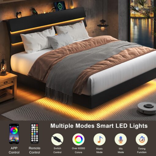 Feonase King Size Floating Bed Frame with Led Lights and Charging Station, Wood King Bed Frame with Storage Headboard, Heavy Duty Metal Slats, No Box Spring Needed, Easy Assembly, Black - Image 7