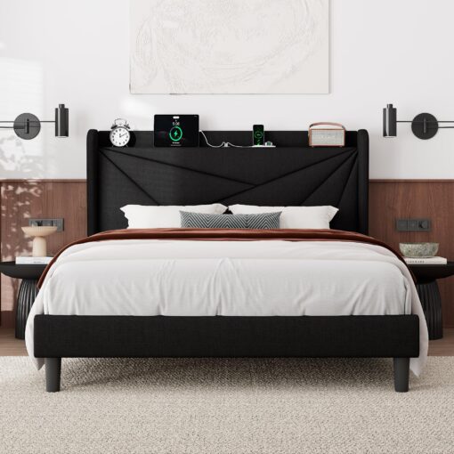 Feonase Full Size Bed Frame with Charging Station, Upholstered Platform Bed Frame with Wingback Storage Headboard, Solid Wood Slats Support, No Box Spring Needed, Black