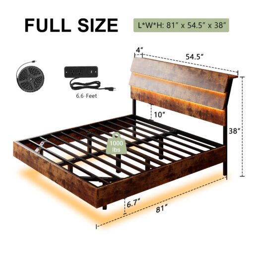 Feonase Floating Bed Frame Full with Led Lights and Charging Station, Wood Full Size Bed Frame with Storage Headboard, Heavy Duty Metal Slats, No Box Spring Needed, Easy Assembly, Vintage Brown - Image 8