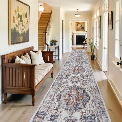 Washable 3x18 Hallway Runner Rug: Vintage Low Pile Soft Kitchen Entry Runner Long Non-Shedding Distressed Carpet for Living Room Dining Room Non Slip Thin Floor Mat for Bathroom Bedroom (3X18, Brick) - Image 5