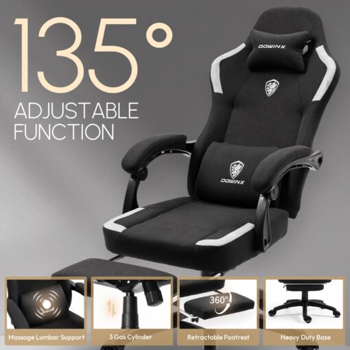 Dowinx Fabric Gaming Chair with Pocket Spring Cushion,Breathable Computer Chair with Massage Lumbar Support and Footrest,High Back Game Office Chair for Adult,Black - Image 6