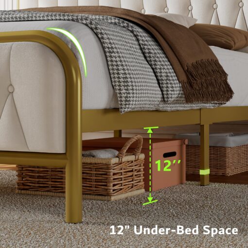 Feonase Velvet Full Size Bed Frame with Fast Charging Station,Full Metal Platform Beds with Upholstered Headboard & Footboard,12" Underbed Storage Space,Easy Assembly,Noise-Free,Beige - Image 3
