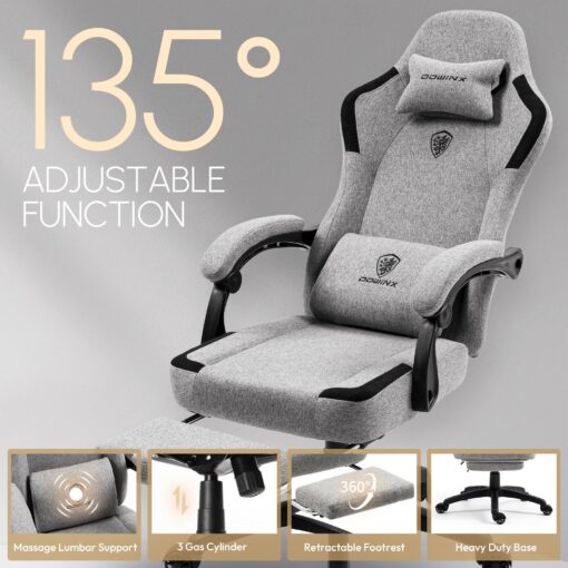 Dowinx Fabric Gaming Chair with Pocket Spring Cushion,Breathable Computer Chair with Massage Lumbar Support and Footrest,High Back Game Office Chair for Adult,Grey - Image 6