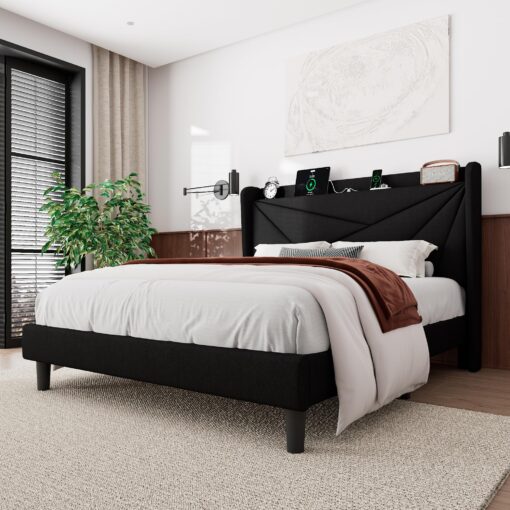 Feonase Full Size Bed Frame with Charging Station, Upholstered Platform Bed Frame with Wingback Storage Headboard, Solid Wood Slats Support, No Box Spring Needed, Black - Image 8