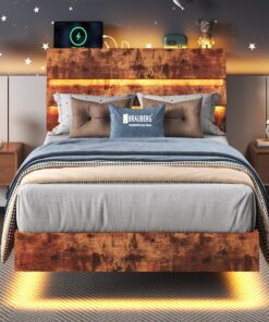 Feonase Twin Floating Bed Frame with Led Lights and Charging Station, Wood Twin Size Bed Frame with Storage Headboard, Heavy Duty Metal Slats, No Box Spring Needed, Easy Assembly, Vintage Brown