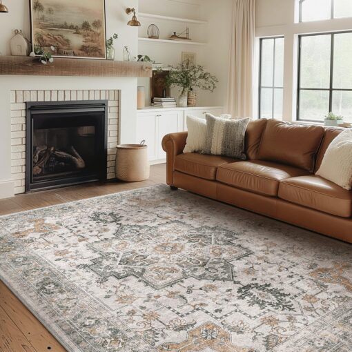 GENIMO 8x10 Area Rugs for Living Room, Machine Washable Non Slip Vintage Rugs, Low Pile Lightweight Chenille Print Rug for Bedroom, Dining Room, Home Office, Light Taupe Brown - Image 3