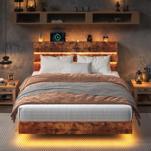 Feonase Floating Bed Frame Full with Led Lights and Charging Station, Wood Full Size Bed Frame with Storage Headboard, Heavy Duty Metal Slats, No Box Spring Needed, Easy Assembly, Vintage Brown - Image 2