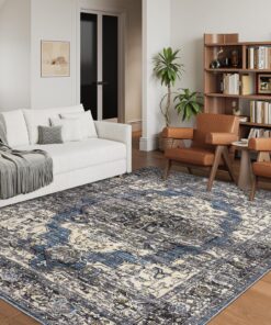 befbee 8x10 Area Rugs for Living Room, Stain Resistant Neutral Washable Rugs for Dining Room, Floral Vintage Non-Slip Thin Large Size Area Rug (Blue/Black)