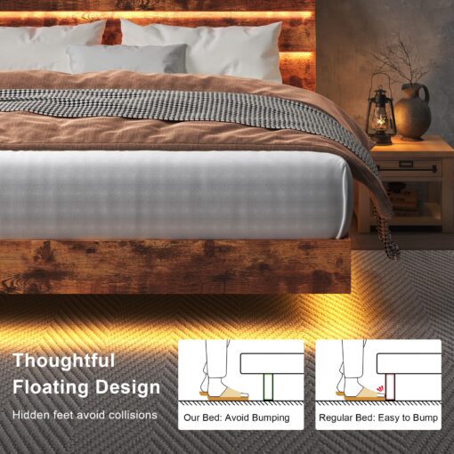 Feonase Floating Bed Frame Full with Led Lights and Charging Station, Wood Full Size Bed Frame with Storage Headboard, Heavy Duty Metal Slats, No Box Spring Needed, Easy Assembly, Vintage Brown - Image 5