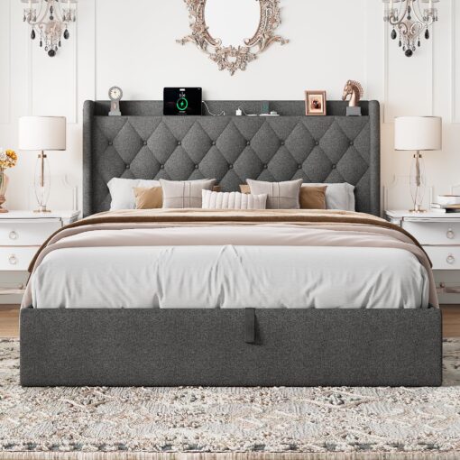 Feonase Full Size Lift Up Storage Bed Frame with Charging Station, Button Tufted Headboard Platform Bed Frame with Hydraulic Storage, Wooden Slat Support, No Box Spring Needed, Noise-Free, Dark Gray - Image 2