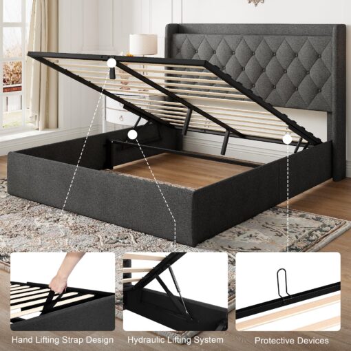 Feonase Full Size Lift Up Storage Bed Frame with Charging Station, Button Tufted Headboard Platform Bed Frame with Hydraulic Storage, Wooden Slat Support, No Box Spring Needed, Noise-Free, Dark Gray - Image 4