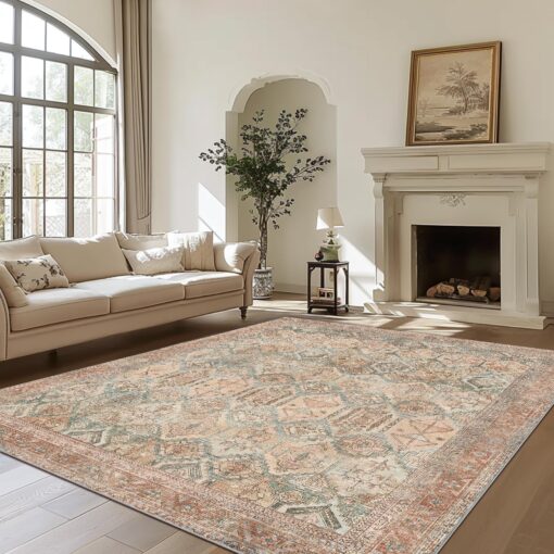 Bavni Area Rug 9X12 Machine Washable Vintage Distressed Print Ultra-Thin Chenille Hallway Bedroom Kitchen Entrance Accent Rug, Low Pile Lightweight Non Slip with Gripper, Clay