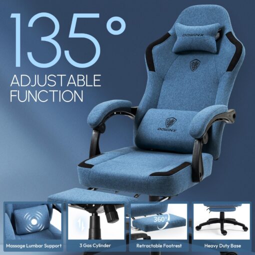 Dowinx Fabric Gaming Chair with Pocket Spring Cushion,Breathable Computer Chair with Massage Lumbar Support and Footrest,High Back Game Office Chair for Adult,Dark Blue - Image 5