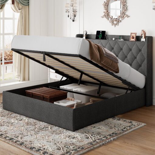 Feonase Full Size Lift Up Storage Bed Frame with Charging Station, Button Tufted Headboard Platform Bed Frame with Hydraulic Storage, Wooden Slat Support, No Box Spring Needed, Noise-Free, Dark Gray