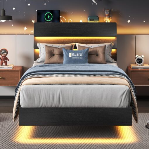 Feonase Twin Floating Bed Frame with Led Lights and Charging Station, Wood Twin Size Bed Frame with Storage Headboard, Heavy Duty Metal Slats, No Box Spring Needed, Easy Assembly, Black - Image 2
