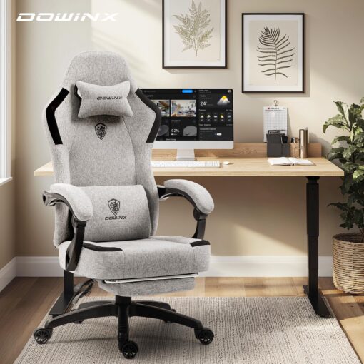 Dowinx Fabric Gaming Chair with Pocket Spring Cushion,Breathable Computer Chair with Massage Lumbar Support and Footrest,High Back Game Office Chair for Adult,Grey - Image 2