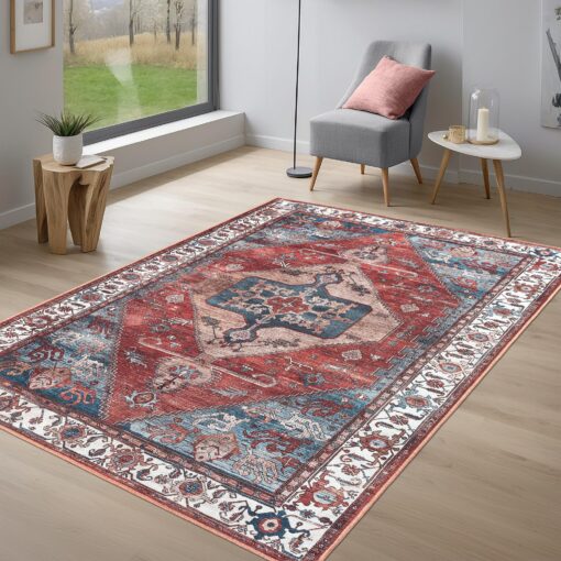 Adiva Rugs 8x10 Machine Washable Area Rug with Non Slip Backing for Living Room Bedroom Bathroom Kitchen Mats for Floor Decor Anti Fatigue Non Skid Door Carpet (Multi Coral Navy Teal, 8' x 10')