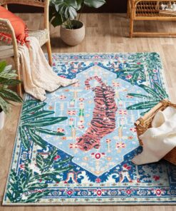 Aldopein Washable Blue Rugs Thin Oriental Boho Vintage Tropical Jungle 9x12 Area Rugs for Bedroom Kitchen Dining Living Room Office Distressed Indoor Large Carpet