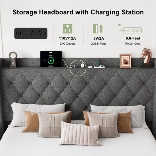 Feonase Full Size Lift Up Storage Bed Frame with Charging Station, Button Tufted Headboard Platform Bed Frame with Hydraulic Storage, Wooden Slat Support, No Box Spring Needed, Noise-Free, Dark Gray - Image 5