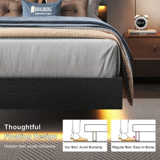 Feonase Twin Floating Bed Frame with Led Lights and Charging Station, Wood Twin Size Bed Frame with Storage Headboard, Heavy Duty Metal Slats, No Box Spring Needed, Easy Assembly, Black - Image 5