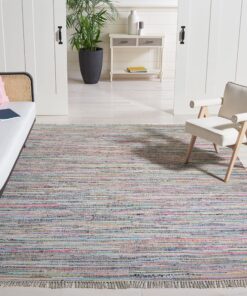 SAFAVIEH Rag Rug Collection Area Rug - 9' x 12', Grey & Multi, Handmade Boho Stripe Cotton, Ideal for High Traffic Areas in Living Room, Bedroom (RAR121M)