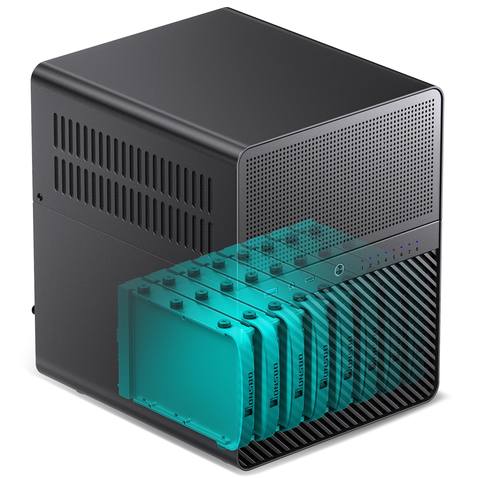 JONSBO N3 Mini-ITX NAS PC Chassis, ITX Computer Case, 8HHD+1-SSDD isk Bays NAS Mini Aluminum with Steel Plate Case, Built-in 2x10cm Fan, Power Support: SFX105mm, Support 130mm CPU Cooler