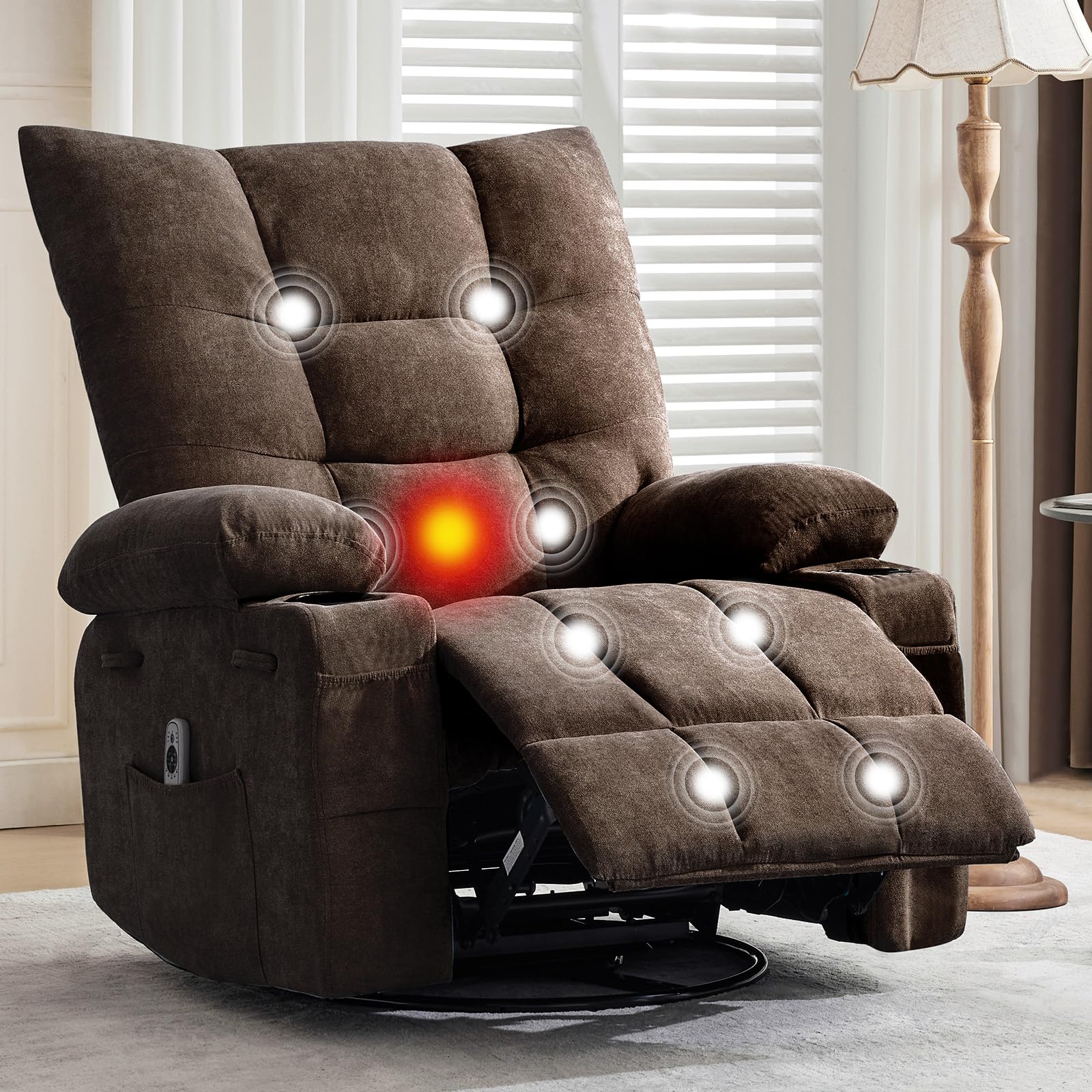 GarveeHome Swivel Rocker Recliner Chair with Massage and Heat, Oversize Ergonomic Lounge Single Sofa with Side Pocket, Cup Holders for Living Room, Bedroom, Brown, Regular